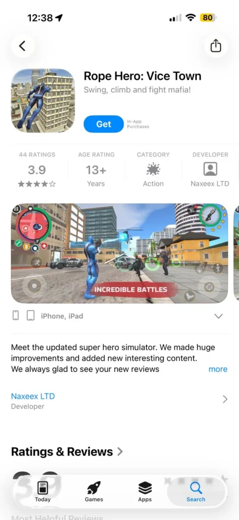 ROPE HERO VICE TOWN 4 tap the Get Button on rope hero