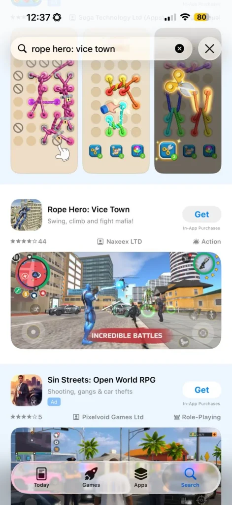 ROPE HERO VICE TOWN 3 type rope hero on search bar